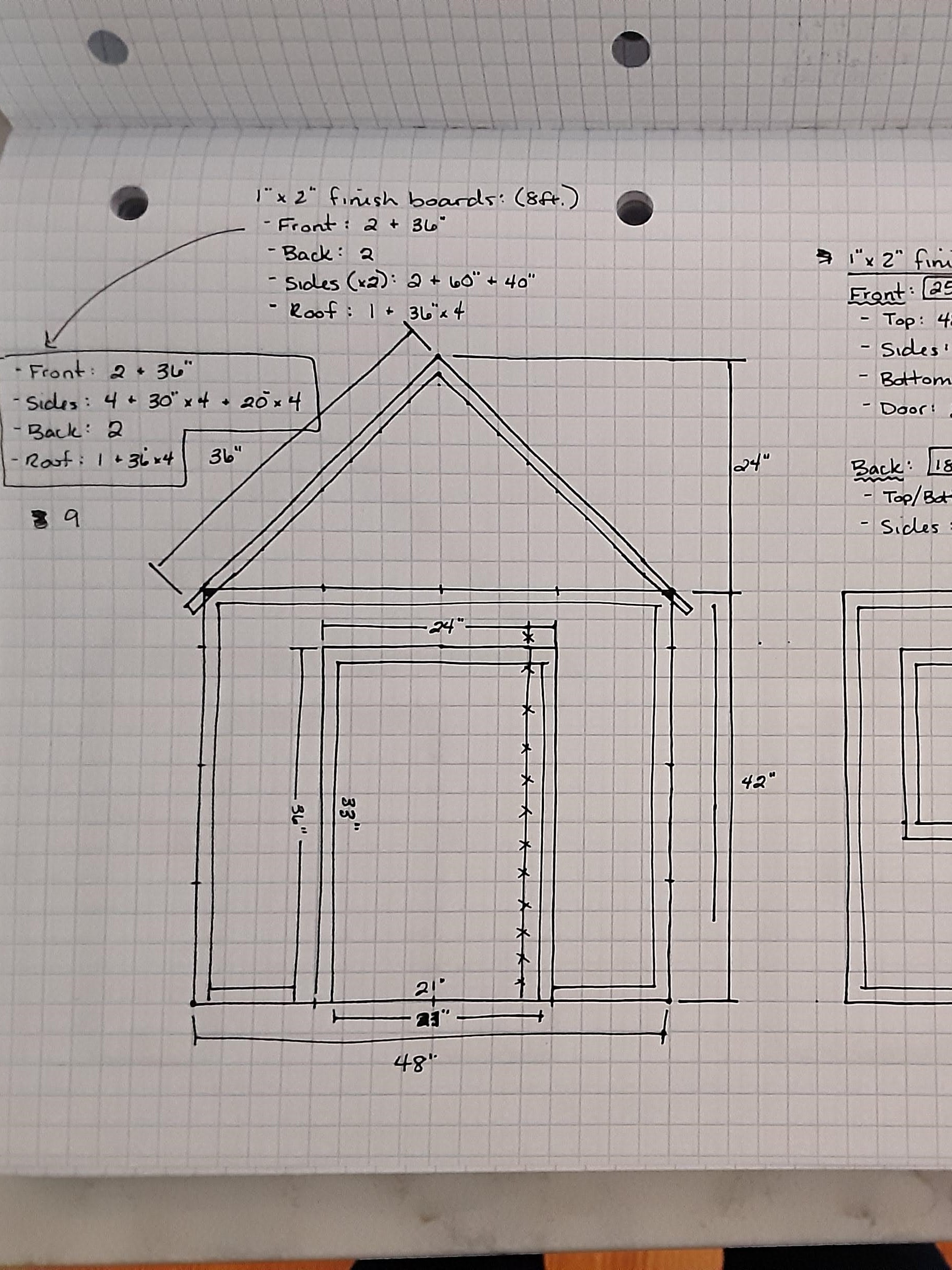 Playhouse plans sketched on graph paper showing detailed measurements and design